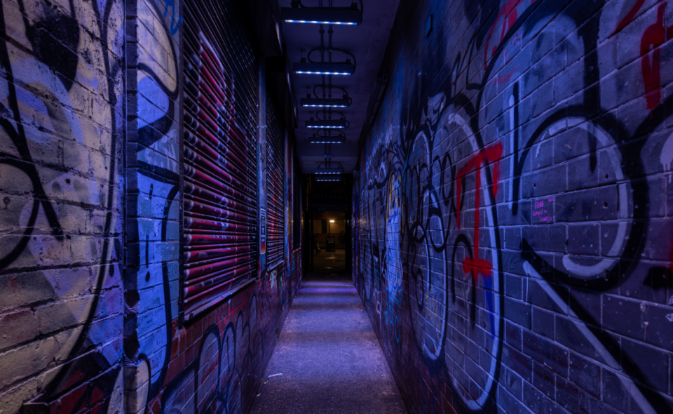 a blue RGB lit alleyway in London