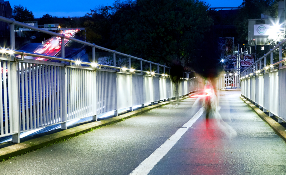 illuminated LED handrail in Hackney Wick over the A12